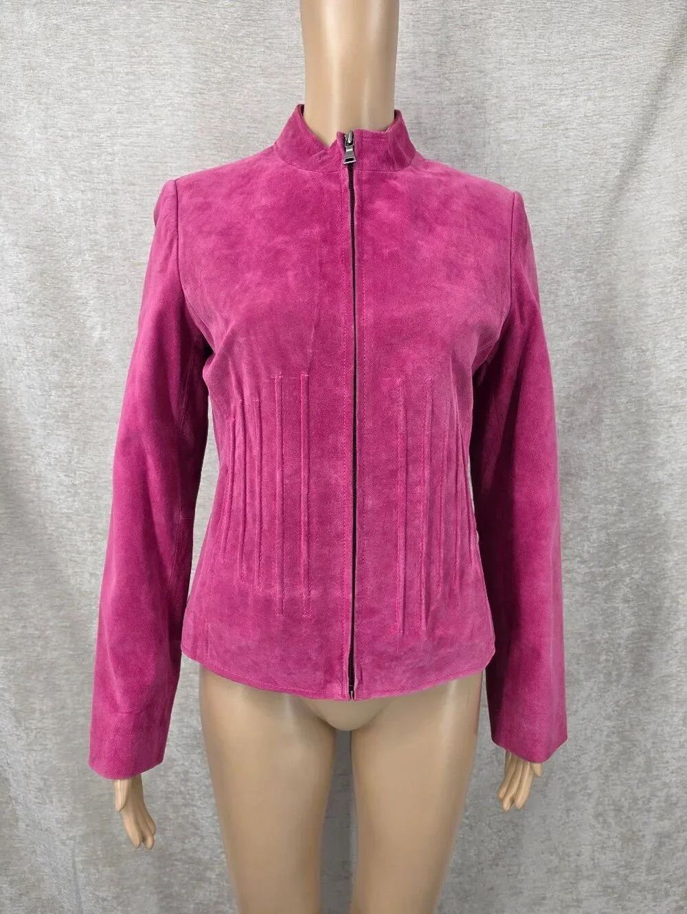 Y2K Women's Pink Magenta Suede Zip-Front Fitted Moto Jacket